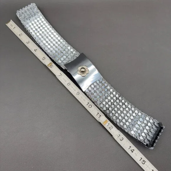Vintage Women's Belt Small Medium Silver Fish Scale Metal Stretch Floral Buckle - Picture 8 of 15